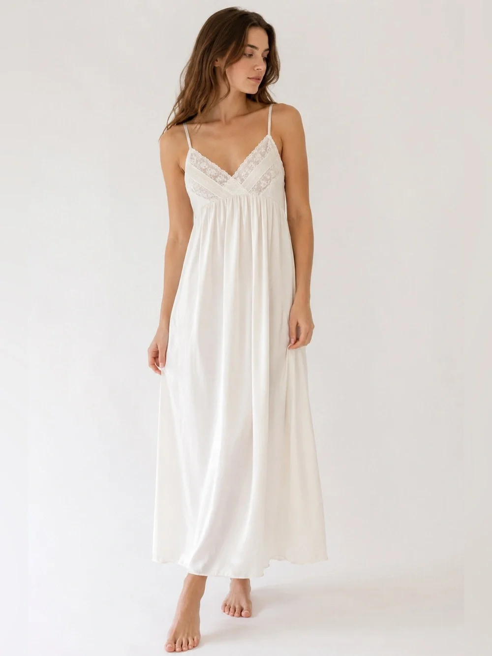 Vintage White Ivory Nightgown Lace Trim Babydoll Slip Dress Cottagecore Medium - Picture 1 of 11